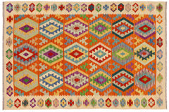 handmade Geometric Kilim Rust Beige Hand-Woven RECTANGLE 100% WOOL area rug 5x6
