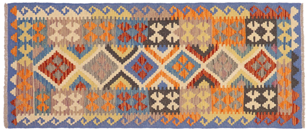 handmade Geometric Kilim Rust Blue Hand-Woven RUNNER 100% WOOL area rug 3' x 6'