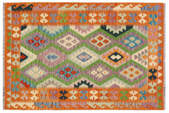 handmade Geometric Kilim Blue Orange Hand-Woven RECTANGLE 100% WOOL area rug 4 x 6