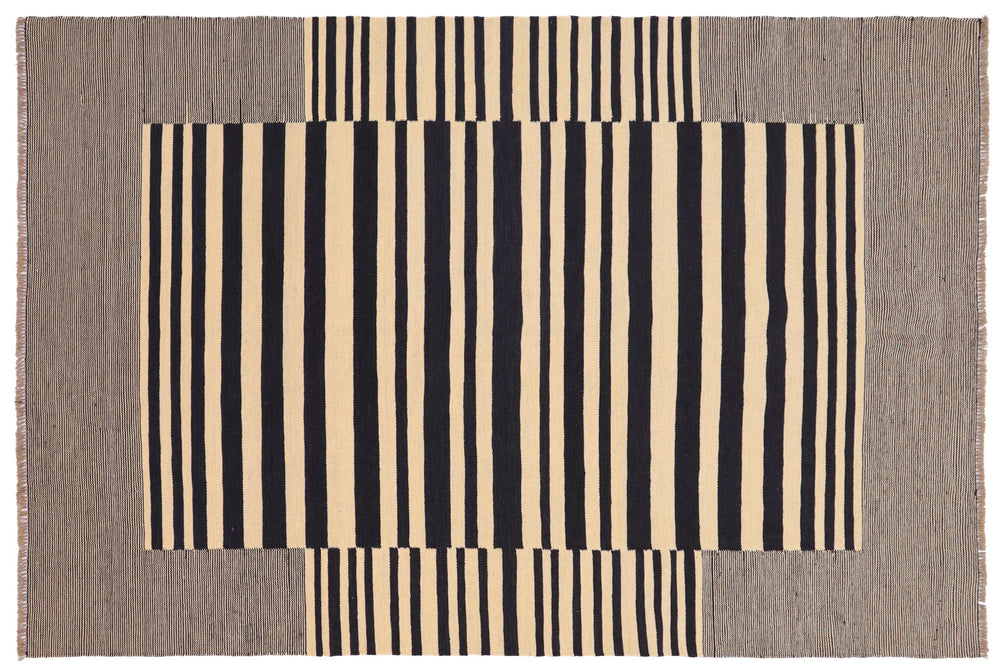 handmade Modern Kilim Beige Black Hand-Woven RECTANGLE 100% WOOL area rug 6' x 8'
