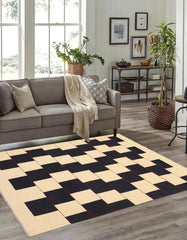 handmade Modern Kilim Beige Black Hand-Woven RECTANGLE 100% WOOL area rug 5' x 8'