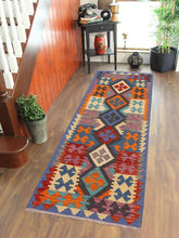 3x6 hand woven Turkish Kilim wool runner rug in blue and rust - Tribal Turkish Kolten