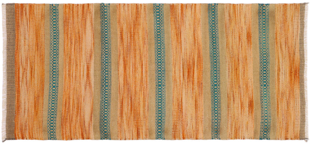 handmade Modern Kilim Orange Blue Hand-Woven RUNNER 100% WOOL area rug 3x7