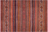9x12 hand knotted Khurjeen wool rug in red and blue - Boho Chic Khurgeen Amari