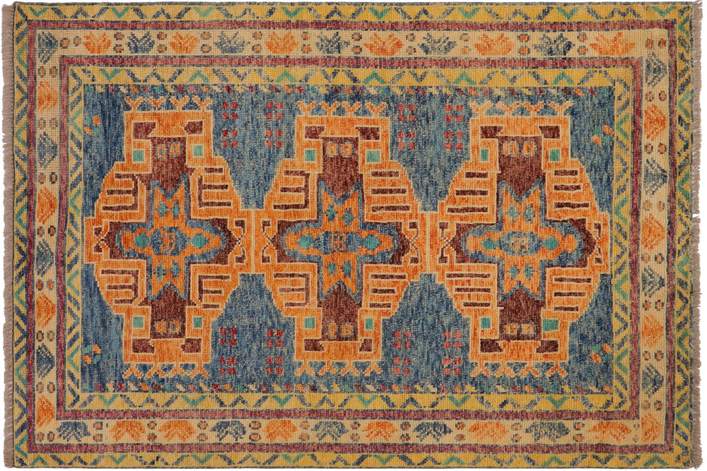 handmade Geometric Balouchi Blue Beige Hand Knotted RECTANGLE 100% WOOL area rug 4x6