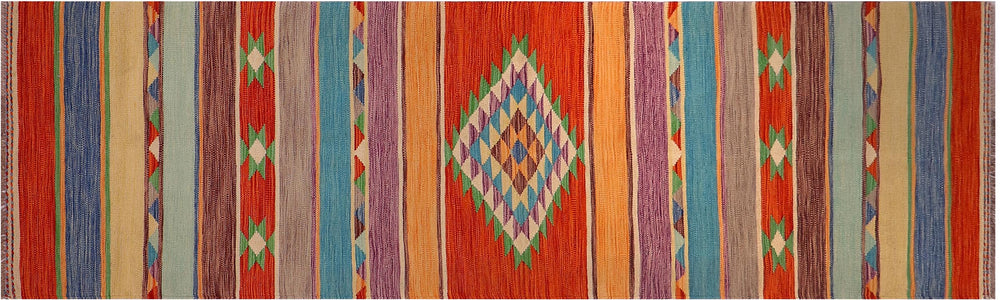 handmade Geometric Kilim Rust Blue Hand-Woven RUNNER 100% WOOL area rug 3x10