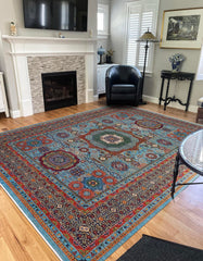handmade Medallion, Geometric Mamluk Blue Rust Hand Knotted RECTANGLE 100% WOOL area rug 9x13