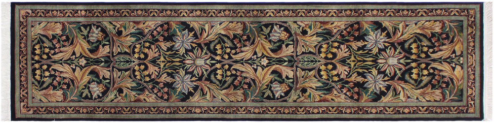 handmade Traditional Azeem Black Green Hand Knotted RUNNER 100% WOOL area rug 3' x 10'