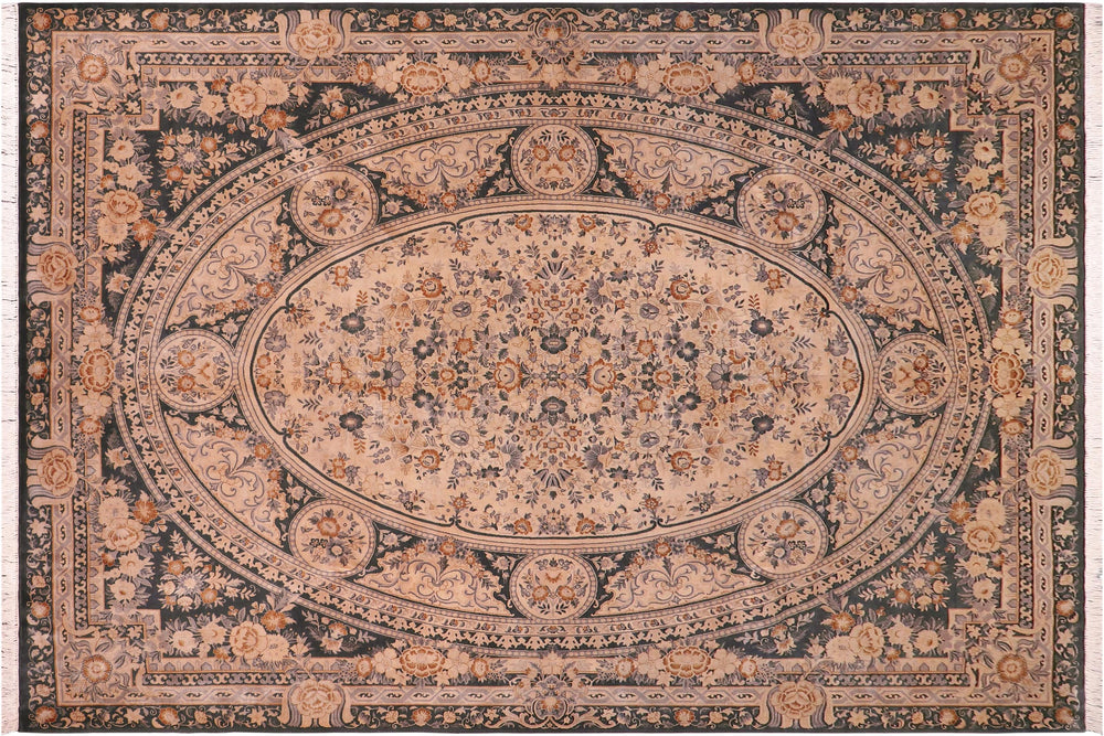 handmade Traditional Abusson Black Tan Hand Knotted RECTANGLE 100% WOOL area rug 9x12