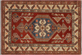 4x5 hand knotted Super Kazak wool rug in rust and tan - Tribal Super Kazak Lorine