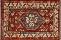 handmade Geometric Super Kazak Rust Tan Hand Knotted RECTANGLE 100% WOOL area rug 4' x 5'