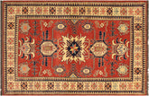 4x6 hand knotted Super Kazak wool rug in rust and beige - Rustic Super Kazak Karon