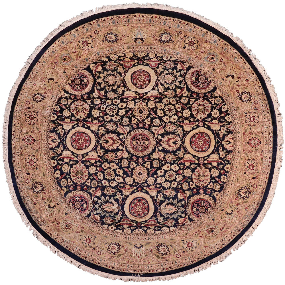 handmade Traditional Round Agra Tabriz Blue Tan Hand Knotted ROUND 100% WOOL area rug 8' x 8'