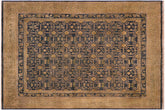 6x7 hand knotted vintage Lavastone low pile wool rug in blue and gold - Lavastone Tajuana