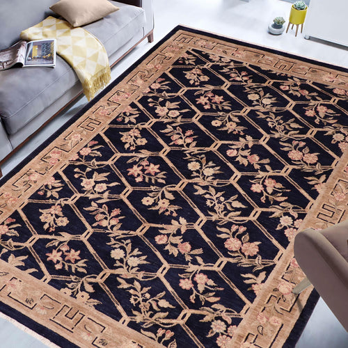 handmade Transitional Kafkaz Blue Tan Hand Knotted RECTANGLE 100% WOOL area rug 6' x 9'