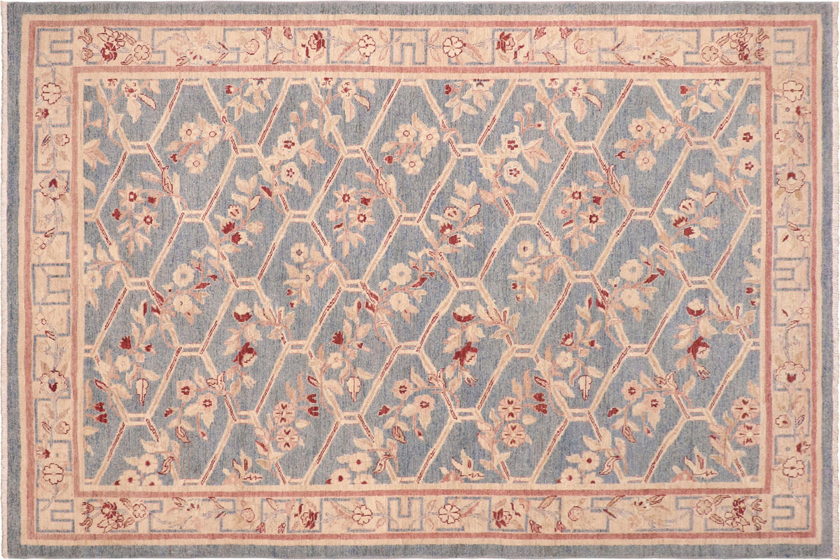 handmade Transitional Kafkaz Blue Tan Hand Knotted RECTANGLE 100% WOOL area rug 6' x 9'