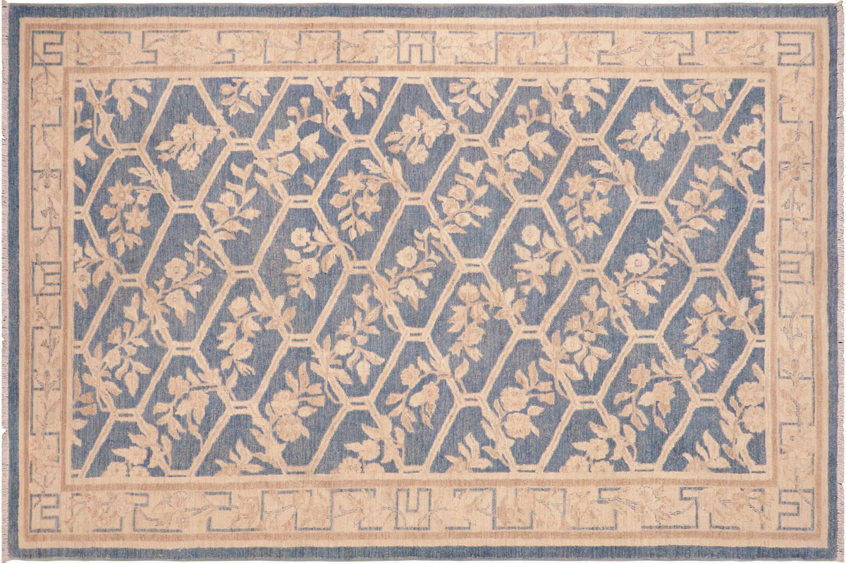 handmade Transitional Kafkaz Blue Tan Hand Knotted RECTANGLE 100% WOOL area rug 6' x 9'