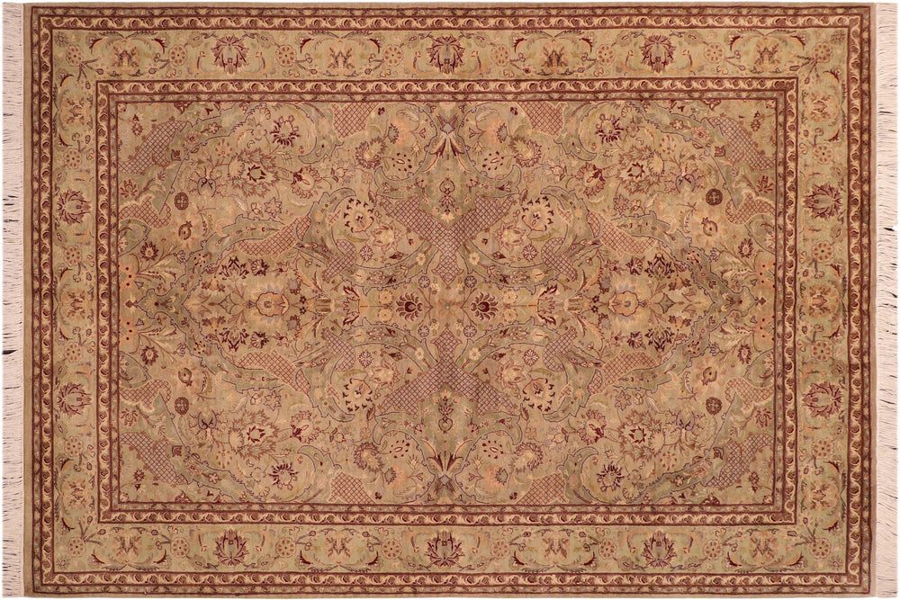 handmade Traditional Agra Taupe Green Hand Knotted RECTANGLE 100% WOOL area rug 6x9