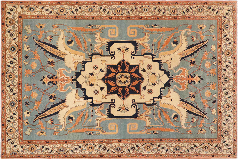 handmade Traditional Kafkaz Blue Beige Hand Knotted RECTANGLE 100% WOOL area rug 9' x 12'