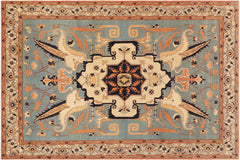 handmade Traditional Kafkaz Blue Beige Hand Knotted RECTANGLE 100% WOOL area rug 9' x 12'