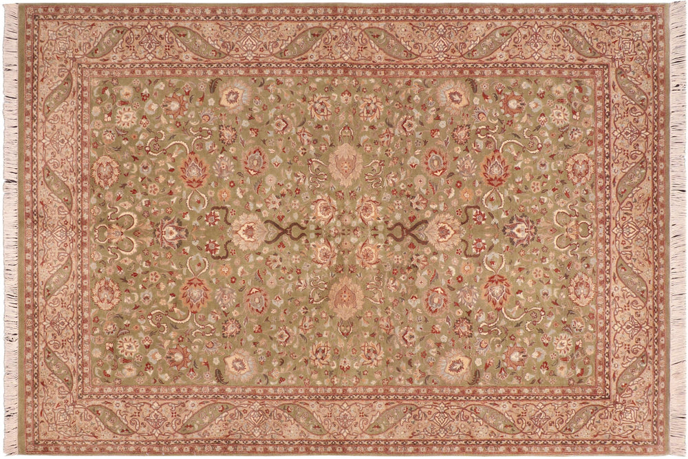 handmade Traditional Kashan Green Beige Hand Knotted RECTANGLE 100% WOOL area rug 6x9