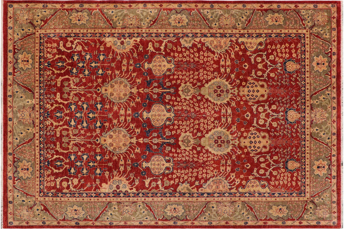 9x11 hand knotted transitional wool rug in red and olive green - Boho Chic Genie Green