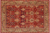 9x11 hand knotted transitional wool rug in red and olive green - Boho Chic Genie Green