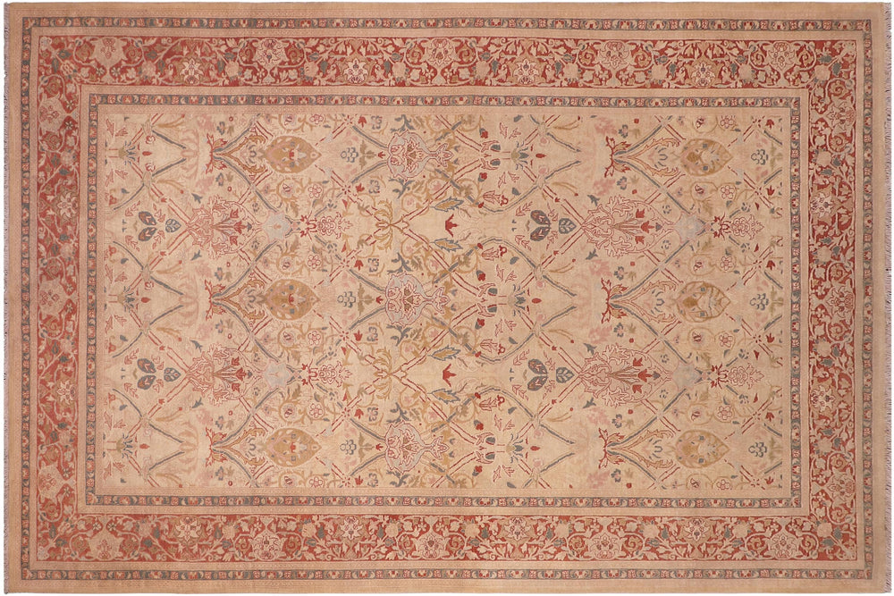 handmade Transitional Mujahid Tan Red Hand Knotted RECTANGLE 100% WOOL area rug 6x9