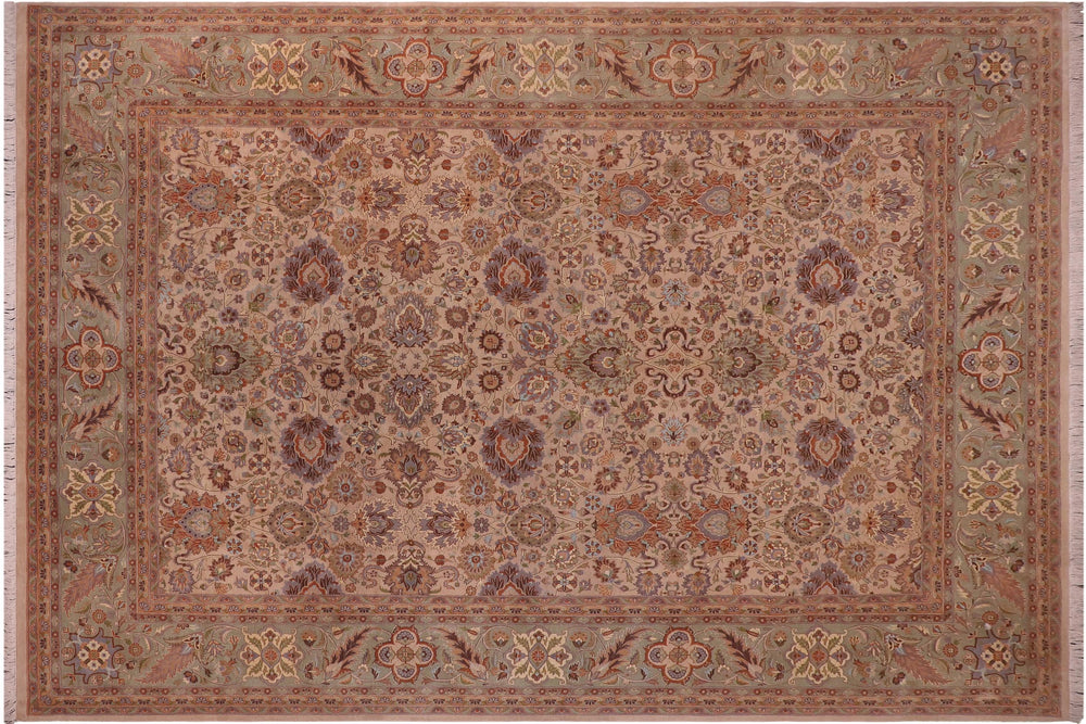 handmade Transitional Mehal Tan Lt. Green Hand Knotted RECTANGLE 100% WOOL area rug 9x12