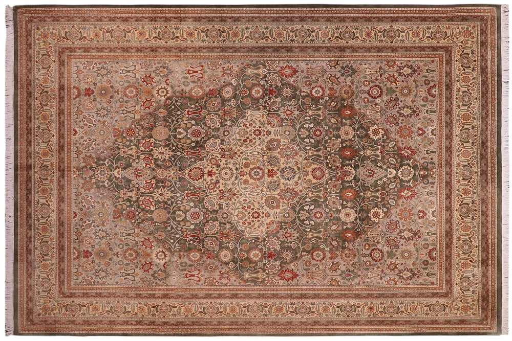 handmade Traditional Tabriz Green Lt. Tan Hand Knotted RECTANGLE 100% WOOL area rug 9x12