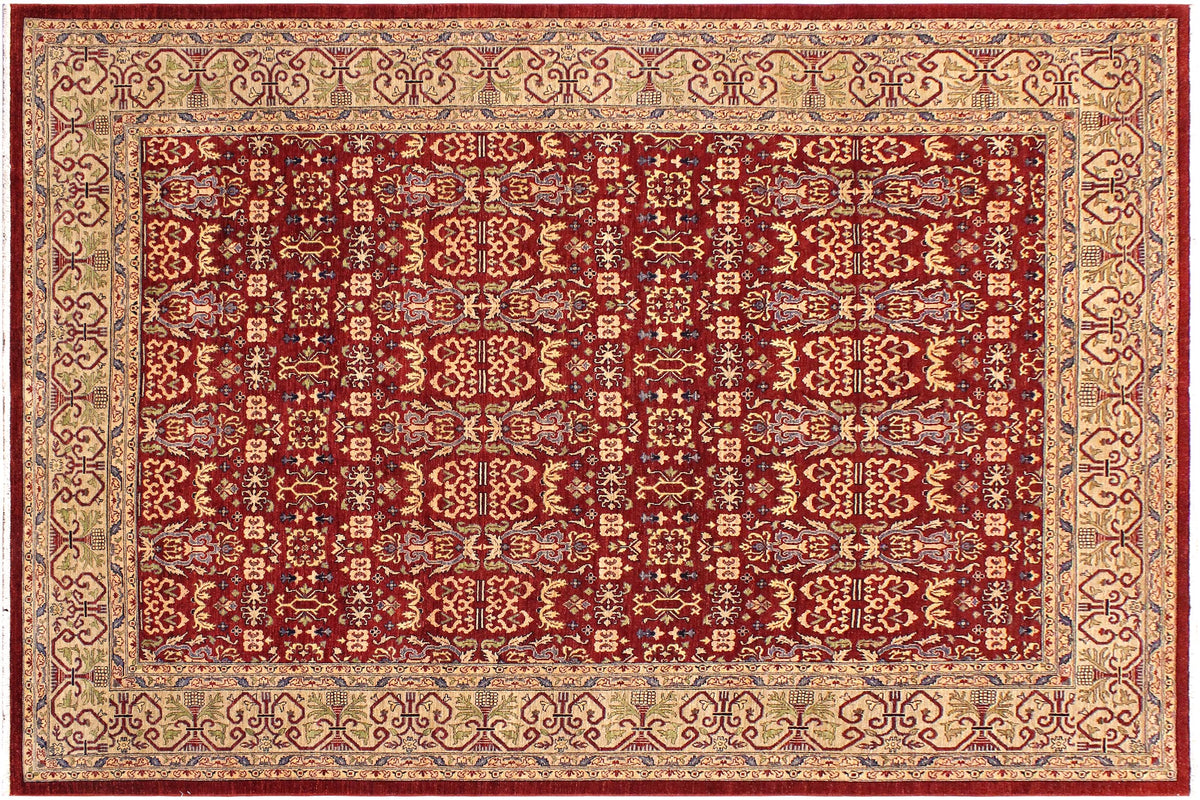 9x12 hand knotted transitional wool rug in red and green - Eclectic Klara Red/ Green