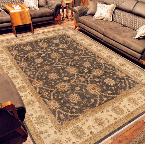 handmade Transitional Kafkaz Charcoal Beige Hand Knotted RECTANGLE 100% WOOL area rug 9' x 12'