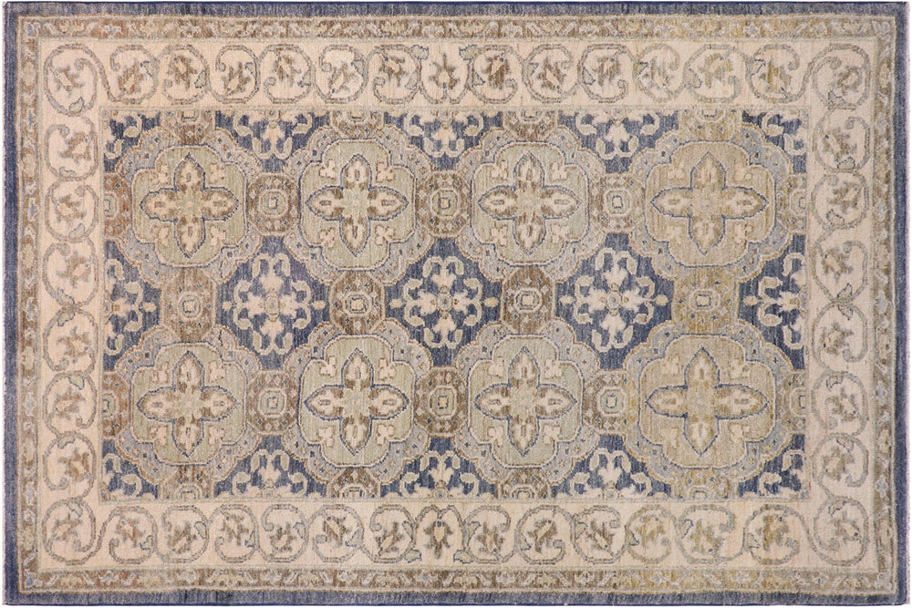 handmade Transitional Kafkaz Blue Tan Hand Knotted RECTANGLE 100% WOOL area rug 3' x 5'