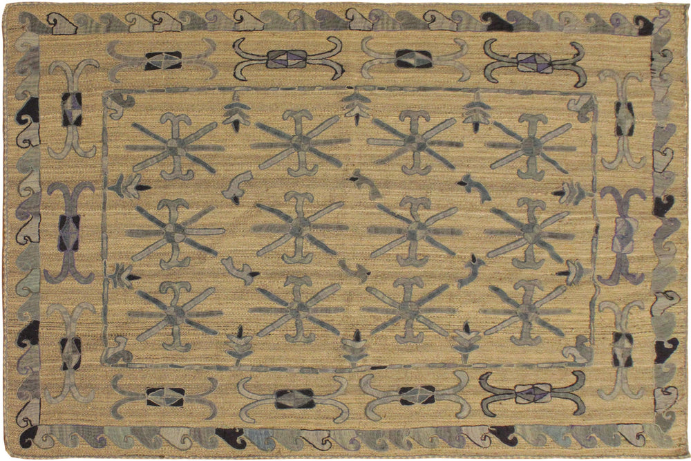 handmade Geometric Ikat Gray Blue Hand-Woven RECTANGLE 100% WOOL area rug 5' x 6'
