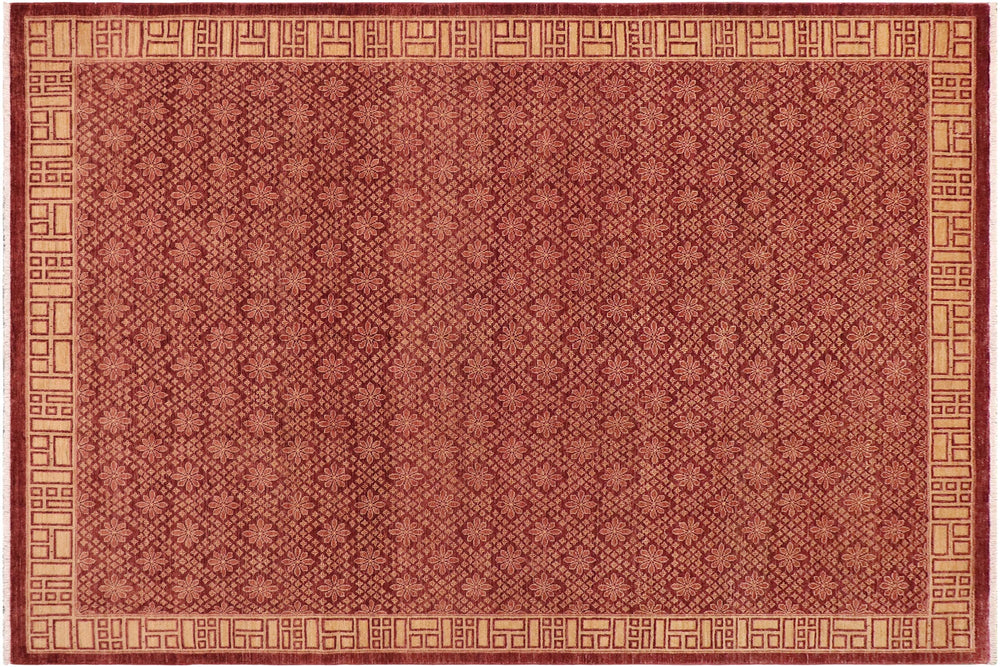 handmade Modern Kafkaz Red Gold Hand Knotted RECTANGLE 100% WOOL area rug 9' x 12'