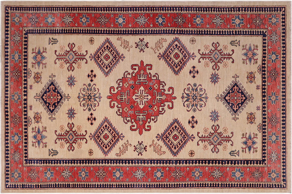 handmade Geometric Super Kazak Lt. Gold Pink Hand Knotted RECTANGLE 100% WOOL area rug 5' x 8'