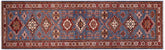 3x10 hand knotted Super Kazak wool runner rug in blue and beige - Rustic Super Kazak Kennedi