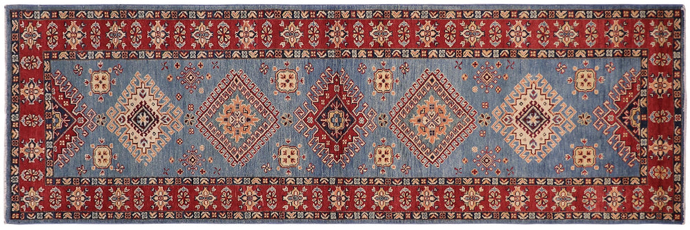 handmade Geometric Super Kazak Lt. Blue Red Hand Knotted RUNNER 100% WOOL area rug 3' x 10'