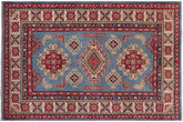 3x4 hand knotted Kazak wool rug in light blue and beige - Southwestern Kazak Aryan