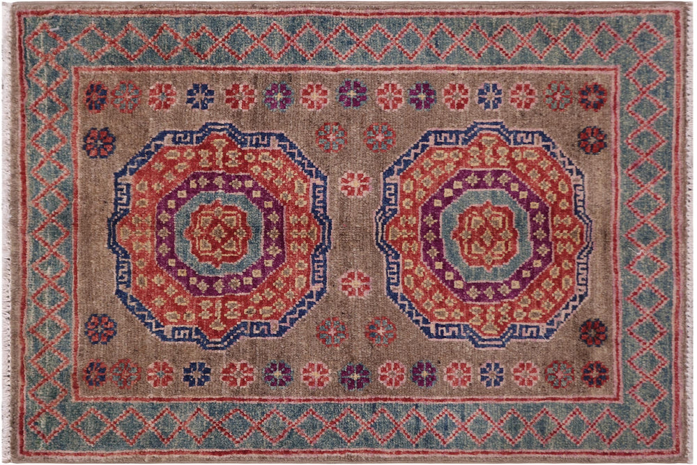 handmade Geometric Mamluk Lt. Brown Green Hand Knotted RECTANGLE 100% WOOL area rug 2 x 3