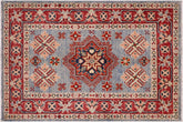 2x3 hand knotted Kazak wool rug in light blue and red - Bohemian Kazak Tribal Kellen