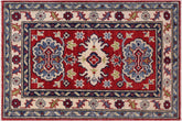 2x3 hand knotted Kazak wool rug in red and beige - Bohemian Kazak Tribal Paityn