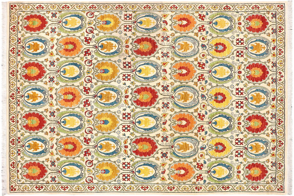 handmade Modern Kafkaz Beige Red Hand Knotted RECTANGLE 100% WOOL area rug 9' x 11'