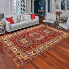 handmade Geometric Super Kazak Red Tan Hand Knotted RECTANGLE 100% WOOL area rug 7' x 10'