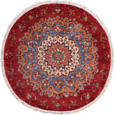 handmade Geometric Kurjean Blue Red Hand Knotted ROUND 100% WOOL area rug 6x6