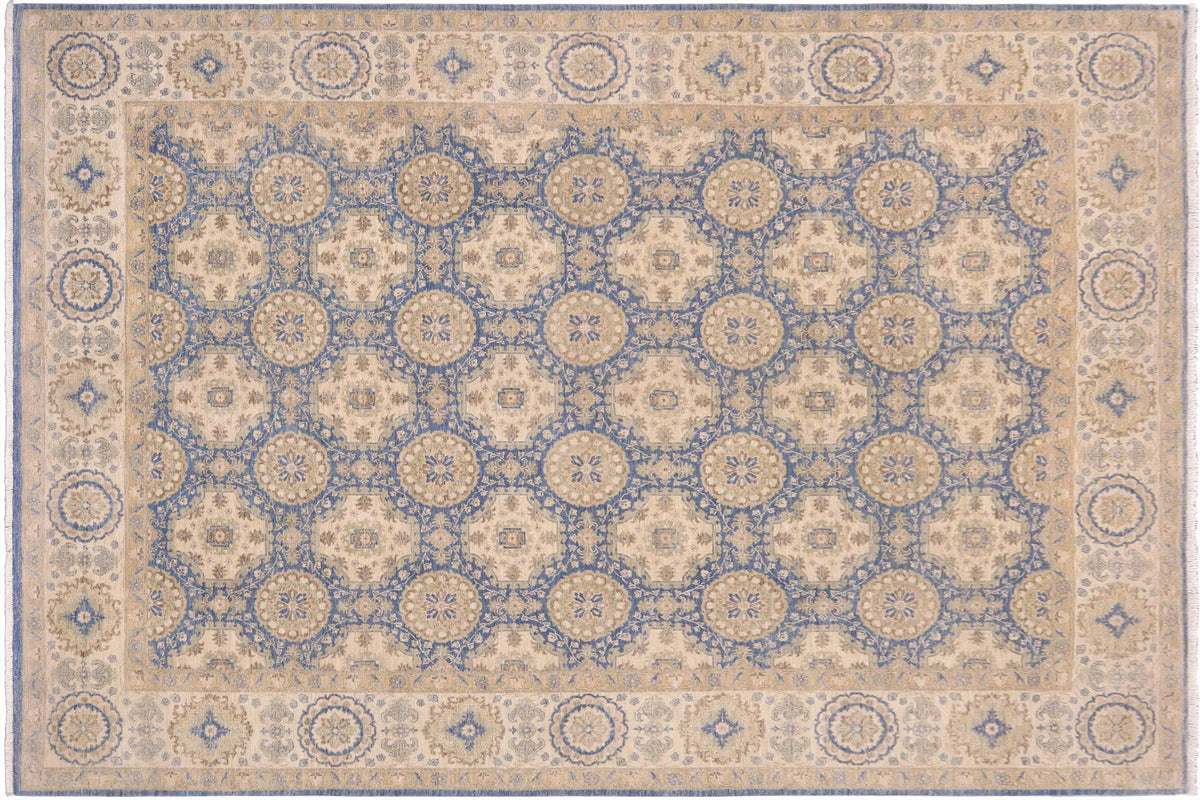 9x12 hand knotted transitional wool rug in blue and beige - Chic Earnest