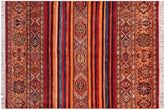5x7 hand knotted Khurjeen wool rug in blue and gold - Bohemian Khurgeen Laurence