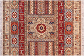 5x6 hand knotted Khurjeen wool rug in ivory and red - Bohemian Khurgeen Ignacio