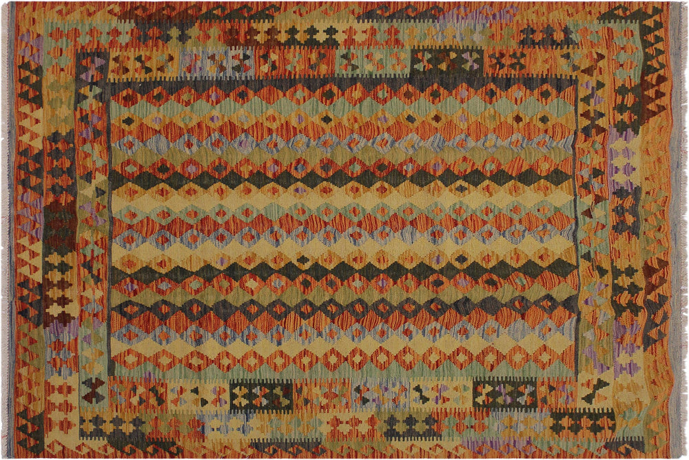 handmade Geometric Kilim Rust Blue Hand-Woven RECTANGLE 100% WOOL area rug 5 x 6