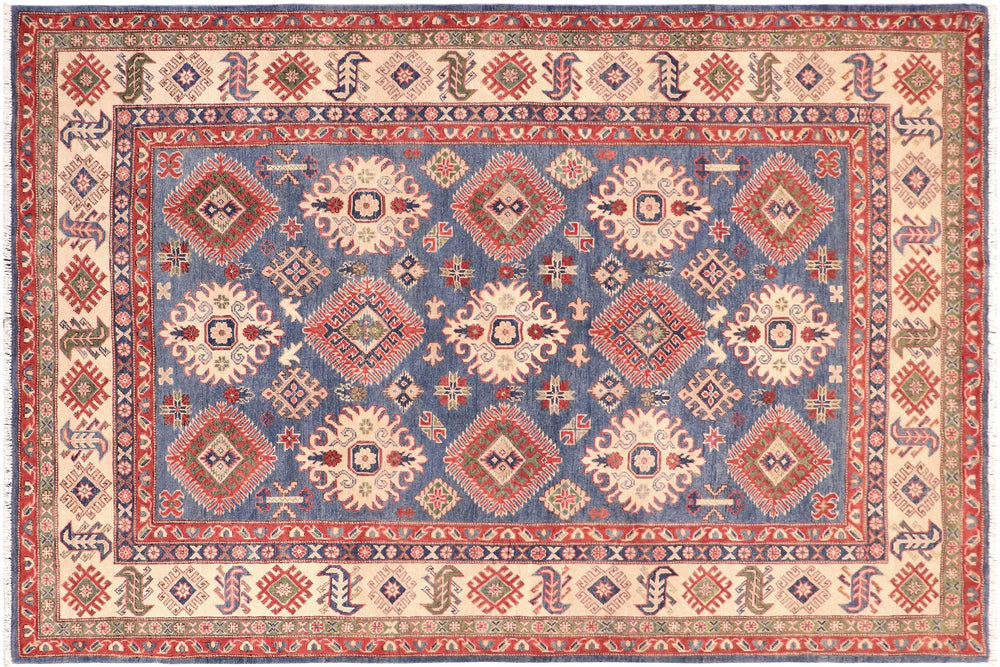 handmade Geometric Kazak Blue Ivory Hand Knotted RECTANGLE 100% WOOL area rug 6'X9'